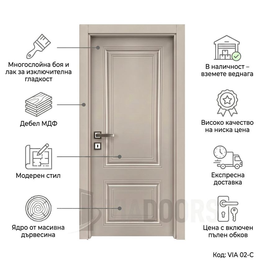 Интериорна врата MDF 12 мм капучино мат 70x201 см – лукс и по-тесни отвори, включен обков