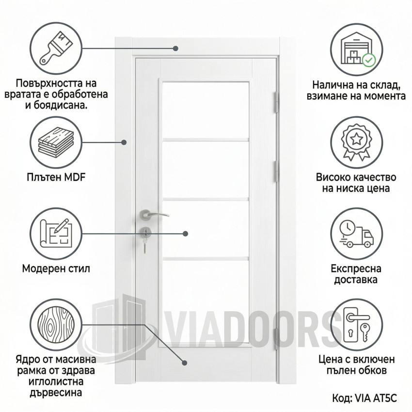 Интериорна врата HDF бяла със стъкло 90x201 см – класически модел за по-широки отвори