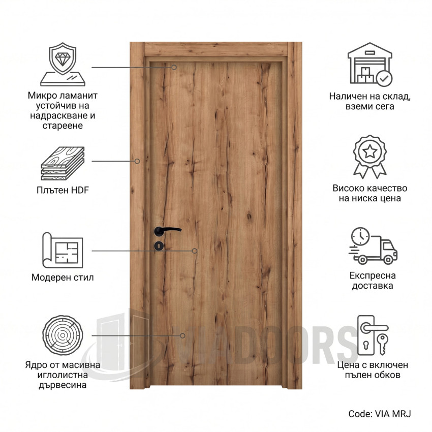 Интериорна врата MDF златен дъб антик 70x201 см – пълен комплект, компактен модел с натурална визия