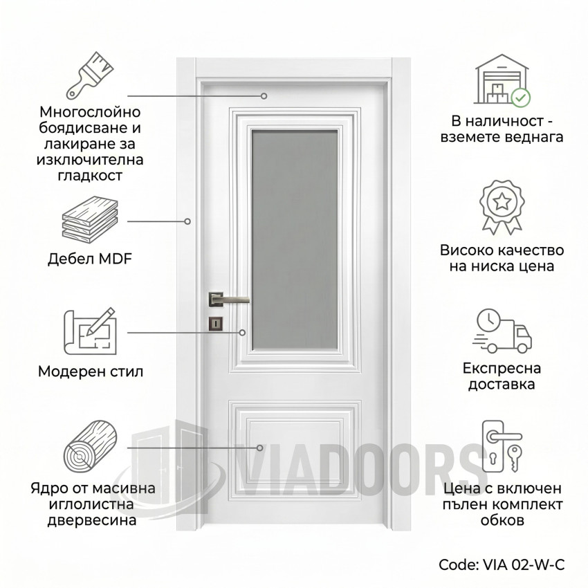 Боядисана интериорна врата MDF със стъкло бяла 90x201 см – матов класически модел, пълен комплект