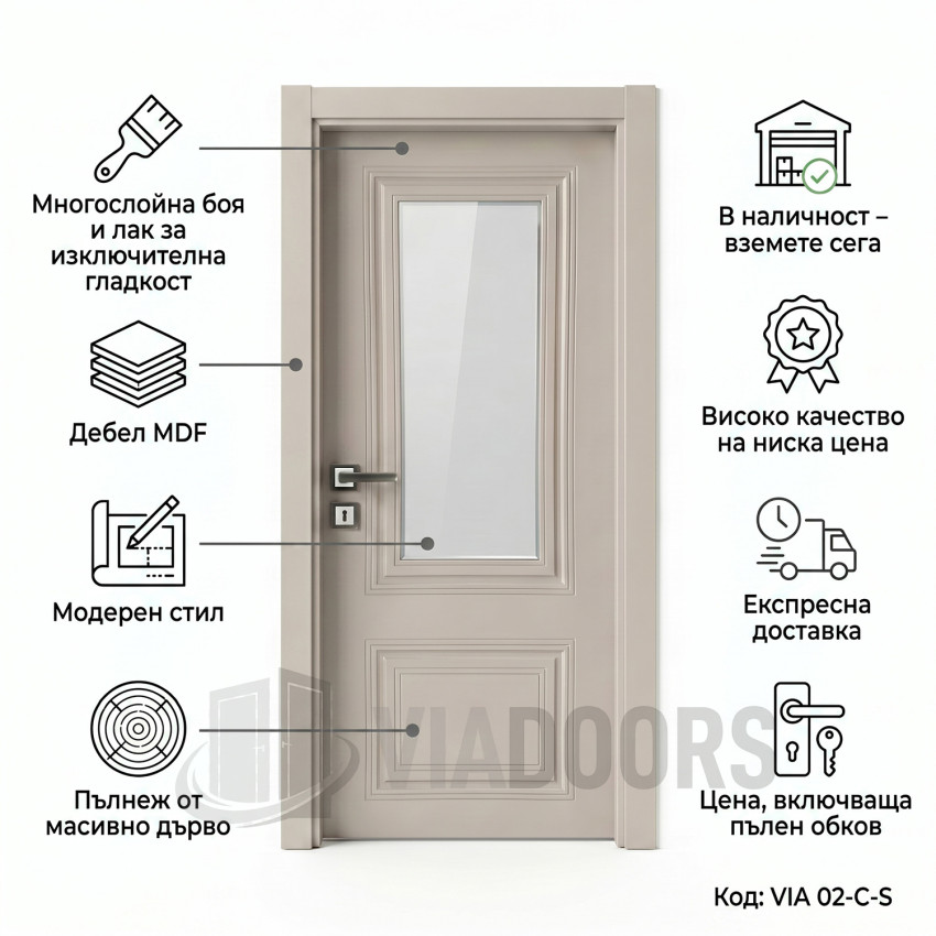 Интериорна врата MDF 12 мм със стъкло капучино мат 90x201 см – луксозен фрезован модел с включен обков