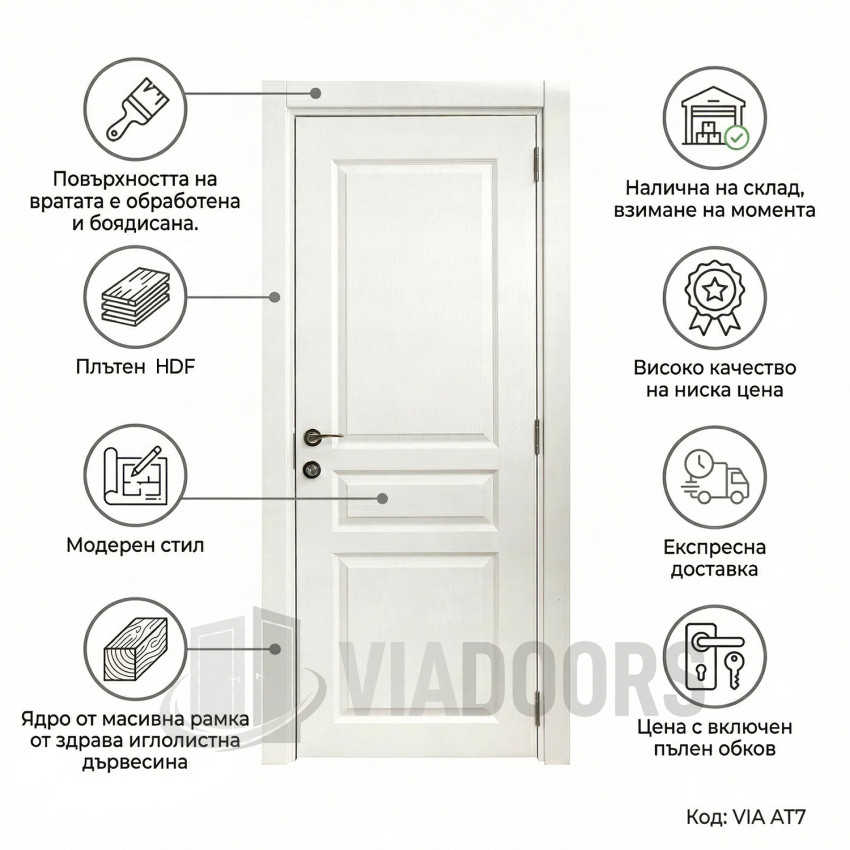 Интериорна врата HDF бяла 70x201 см – компактен класически модел