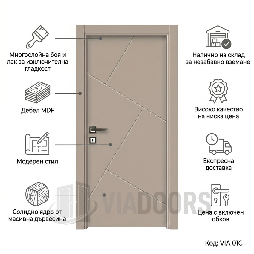 Интериорна врата MDF капучино 80x201 см – боядисан модерен дизайн, пълен комплект