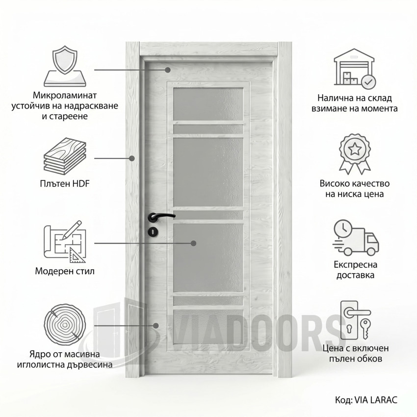 Интериорна врата MDF светъл дъб със стъкло 90x201 см – изчистен дизайн, пълен комплект