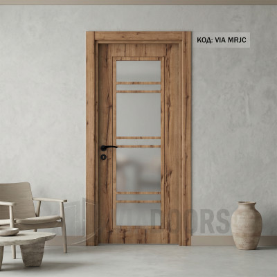 Интериорна врата MDF златен дъб антик със стъкло 90x201 см – с дървестна текстура, пълен комплект