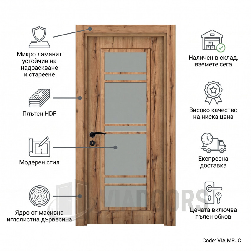 Интериорна врата MDF златен дъб антик със стъкло 90x201 см – с дървестна текстура, пълен комплект