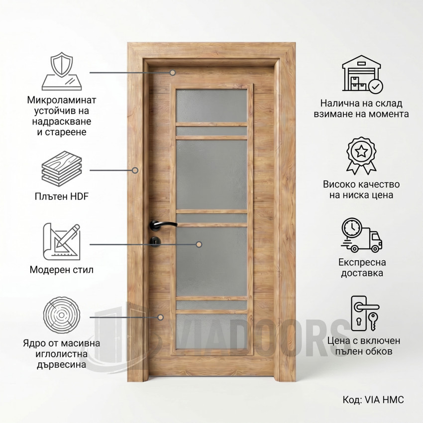 Интериорна врата MDF златен дъб със стъкло 90x201 см – за повече светлина, пълен комплект