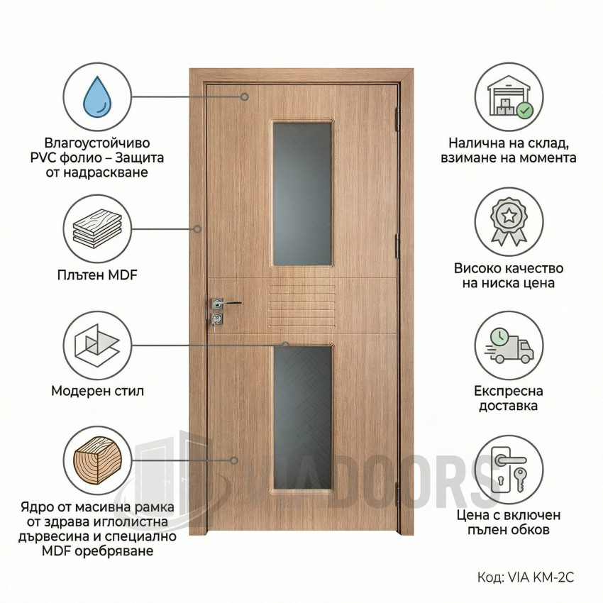 Интериорна врата MDF със стъкло златен дъб 90x201 см – топъл дизайн с естествена визия